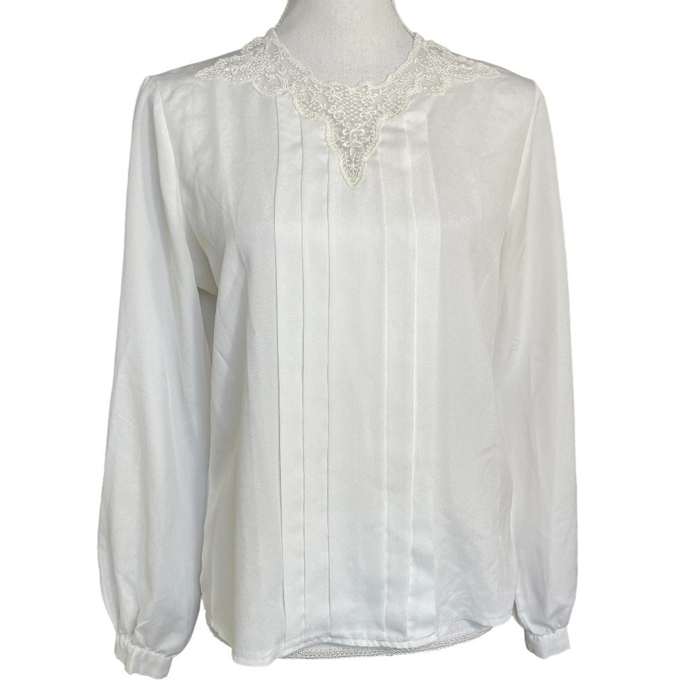 Lace Pleated Victorian Blouse M Chiffon Lightweight White Pintucked Long Sleeve